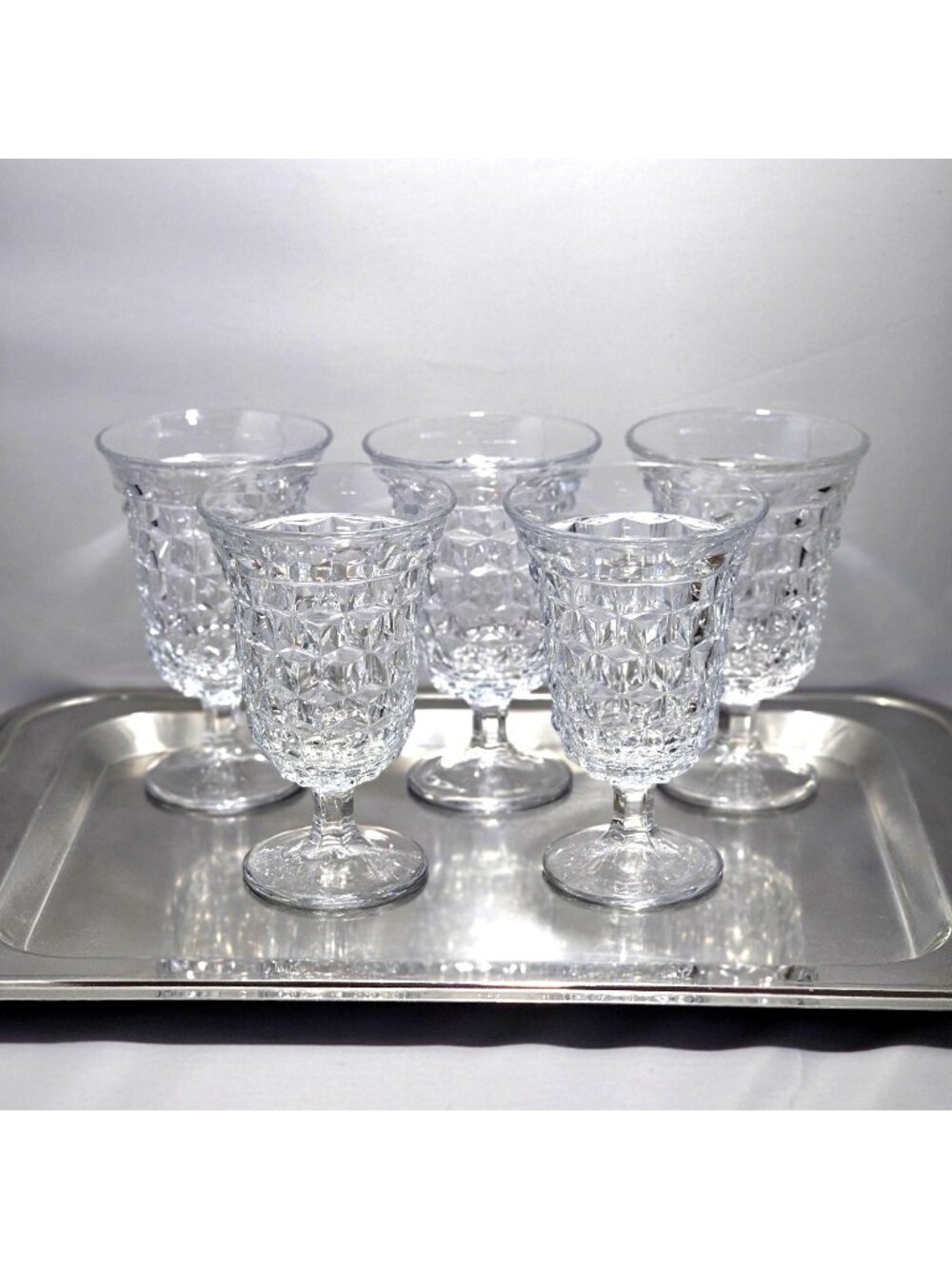 5 Fostoria American Cube Water Glasses 5.5" low stem goblets mid century flared
